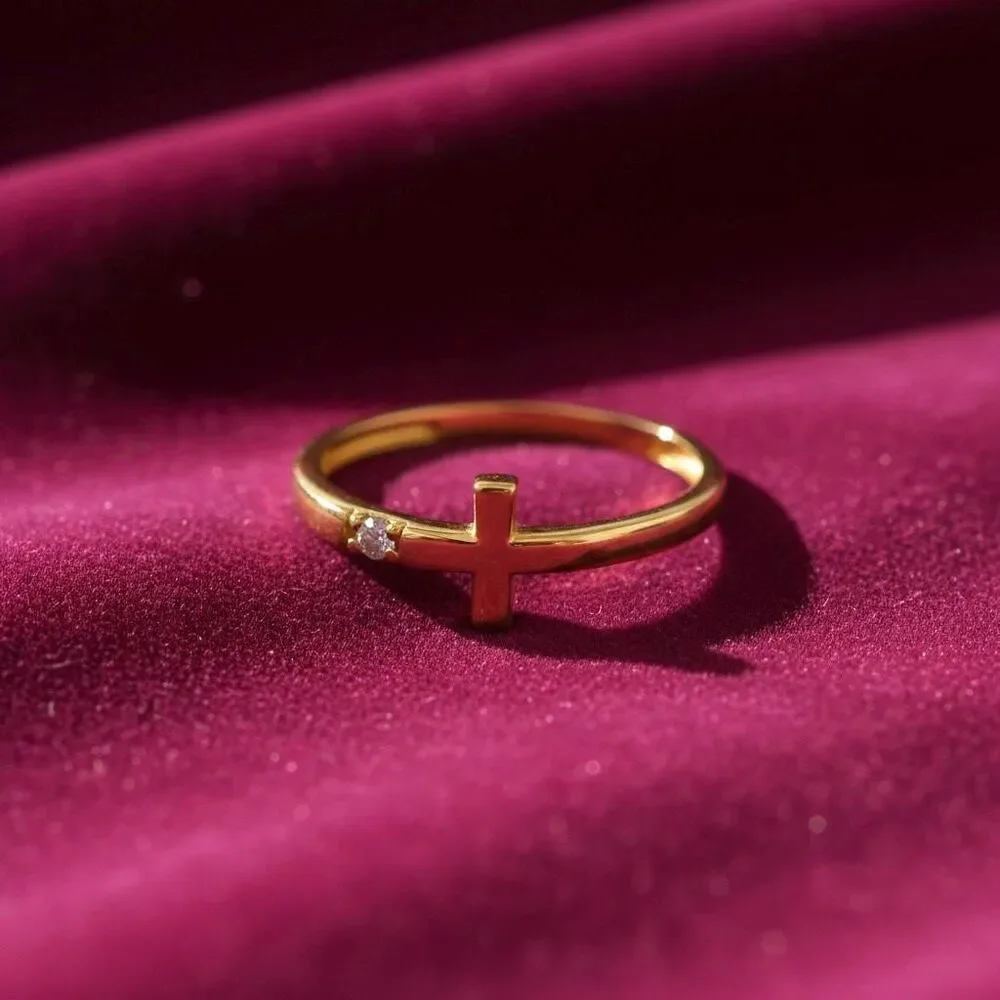 14K Gold CZ Cross Ring | Dainty Yellow Gold Band By Tehrani Jewelry
